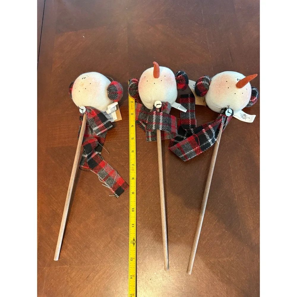Honey and Me Primitive Snowman Head Floral Picks Set 3 Buffalo Plaid Decor read